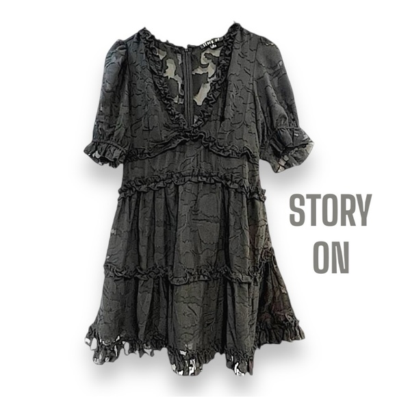STORY ON Black Sheer Lace V Neck Puff Short Sleeve Dress SZ SM - Picture 1 of 12